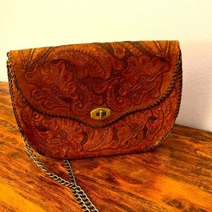Vintage Tooled Cognac Brown Patina Leather Purse